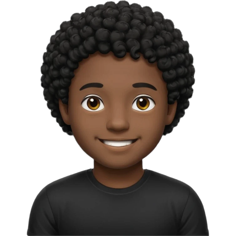 Generate a emoji of a black boy with dark skin, wearing a black compressed T-shirt, with short and very curly black hair emoji