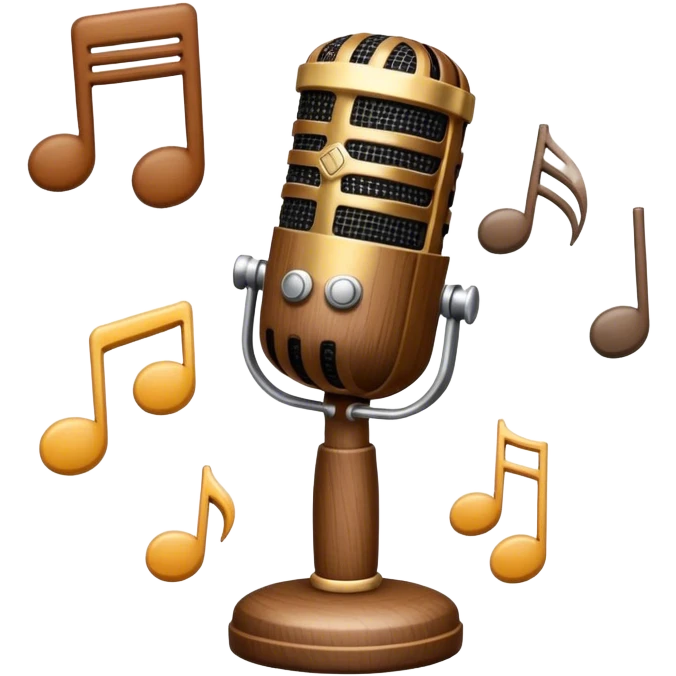 Create a warm and inviting humanless emoji representing folk singing. The design should feature a traditional microphone, perhaps with a wooden texture, symbolizing the rustic and authentic feel of folk music. Surround the microphone with subtle elements such as a hand-played tambourine, an accordion, or a balalaika to reflect the folk instruments. Add flowing musical notes to symbolize the vocal melodies. Use earthy, natural colors like browns, reds, and greens to evoke a sense of tradition, warmth, and connection to the community. The background should be transparent. emoji