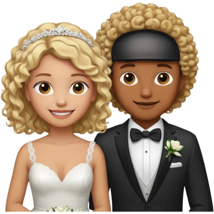 Blonde brown  skin girl skin in wedding dress curly hair with white men next too her with a suit on and straight brown  hair smiling  emoji