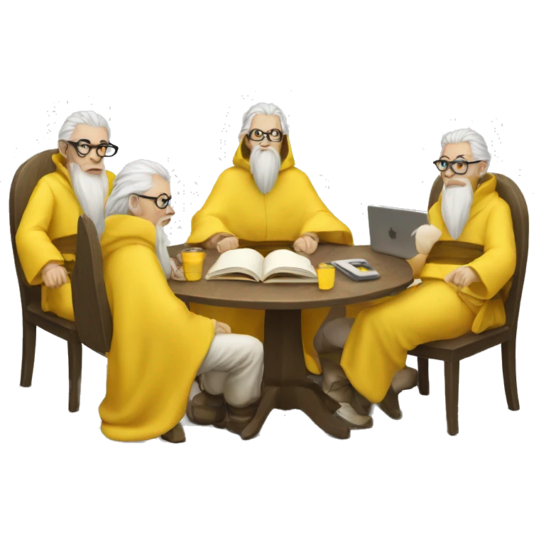 group of gandalfs, round yellow table, yellow clothes, glasses, macbooks emoji