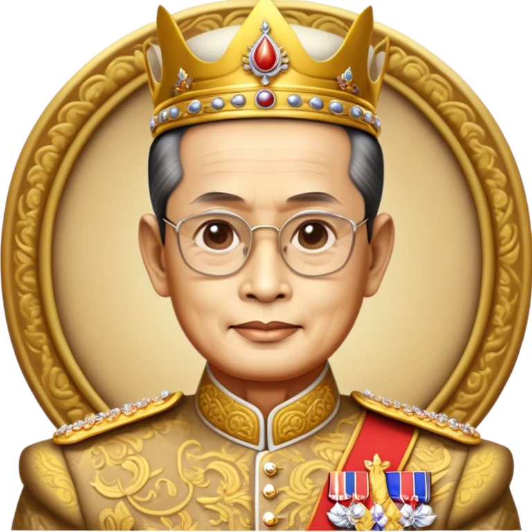 Cinematic Realistic King Bhumibol Adulyadej Portrait Emoji, depicted as a revered Thai monarch with a dignified expression and traditional royal attire, rendered with lifelike textures and soft regal lighting that captures his lasting legacy. emoji