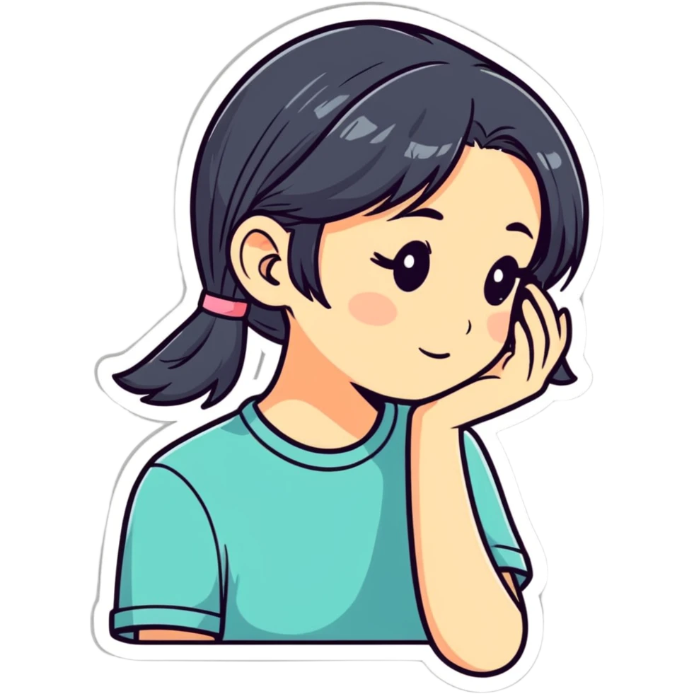 shy girl tucking her hair behind her ear, cartoonish sticker style emoji