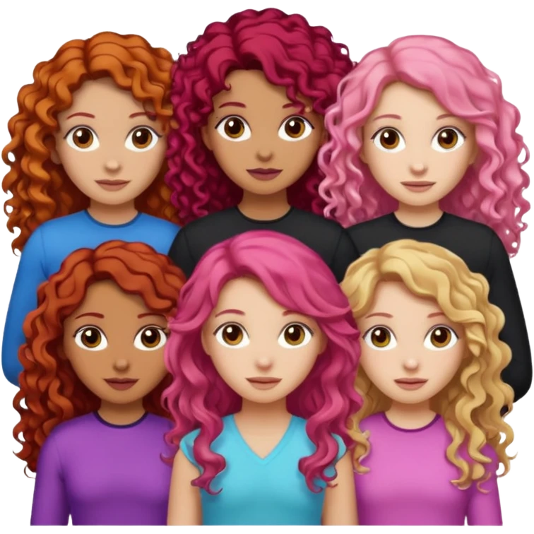 5 girls  curly redhead, one with brunette dyed blonde hair, one long haired wavy brunette, one mid-length haired brunette, and one black haired girl with partially dyed bright red/pink hair emoji