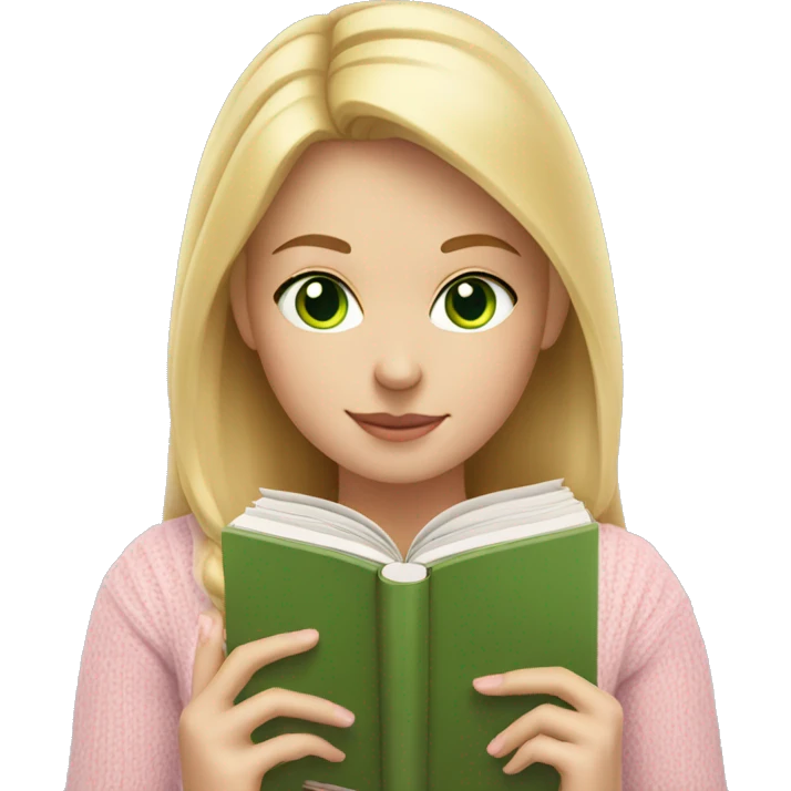 Blonde girl with green eyes reading a book in a light pink sweater  emoji
