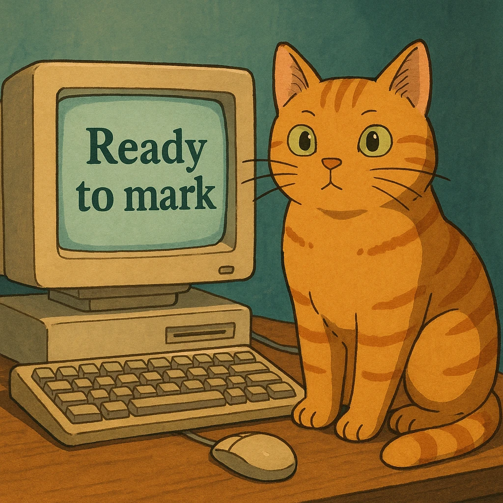 A cat sitting next to a computer with the inscription 'Ready to mark' emoji