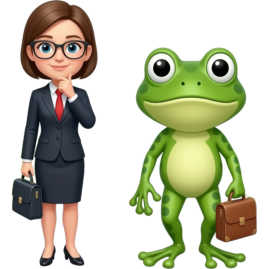 A frog, a female office worker, who is going to a meeting and stands in front of a road, thinking about how to cross it. Comical. emoji