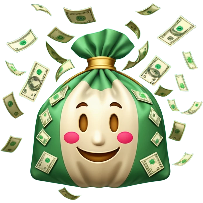 

3D emoji style, big bag of money, flying dollar bills, rich casino vibe, smooth lighting, high detail, clean edges, transparent background



 emoji