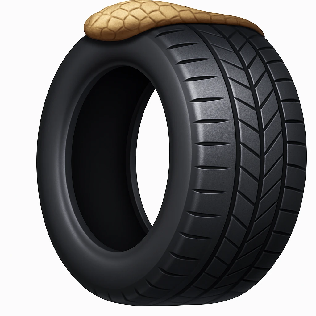 Create a tire emoji that looks exactly like the reference image in iOS emoji style. The emoji should have a 3D appearance with shiny, smooth gradients, soft shadows, and realistic tire texture, capturing the classic emoji look. Add a subtle highlight to the tread. emoji