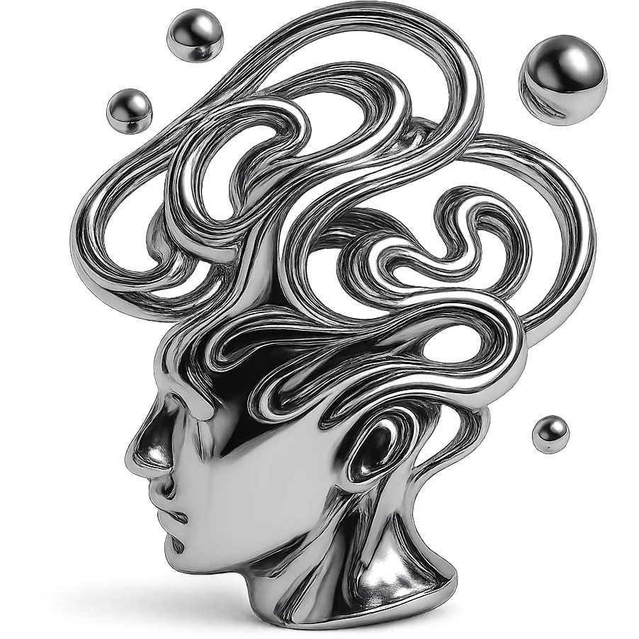 abstract representation of thought in chrome style, swirling metallic forms and floating orbs, ethereal and reflective emoji