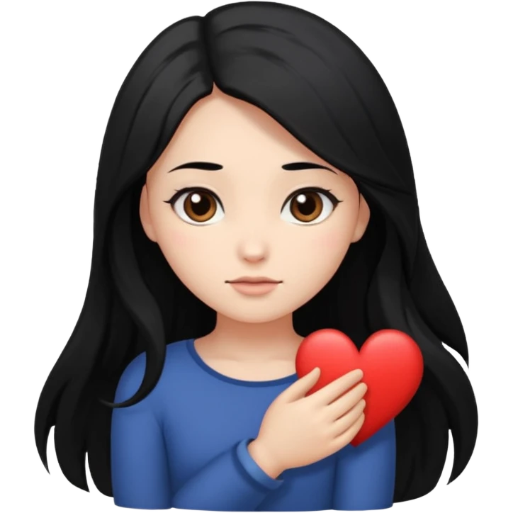 character with long black hair past elbow,  round, downturned dark brown eyes, heart shape face emoji