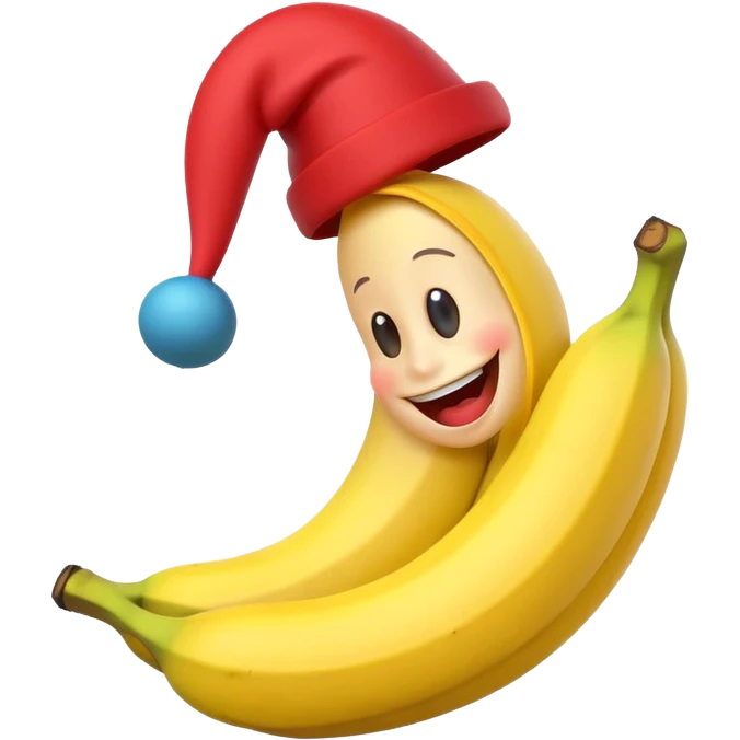 A 3D cartoon banana with a red nose and tiny hat, smiling face, playful pose, Memoji-style. emoji