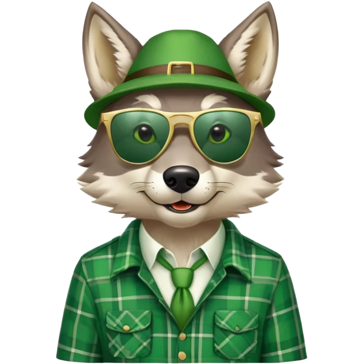 head and shoulders friendly anthropomorphised wolf in green plaid shirt and green attire for St. Patrick's Day, wearing dark sunglasses, festive pose emoji