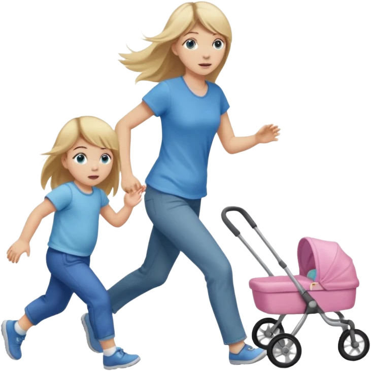 full length of a young woman with long straight dirty blonde hair, side bangs, and blue eyes. She is trying to catch a 1 year old baby girl that is running away emoji