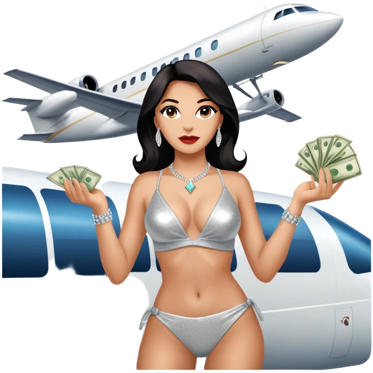 tefi valenzuela wearing diamond sparkle non bikini and josh king madrid standing on private plane throwing money at her emoji