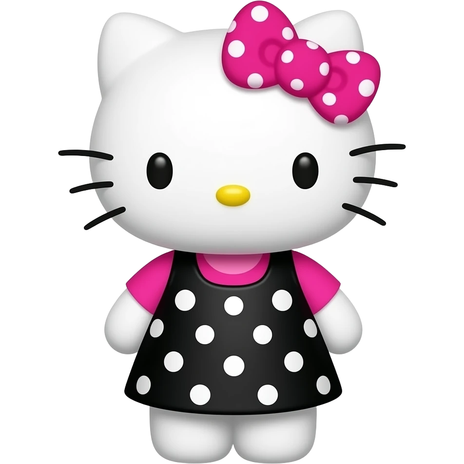 hello kitty wearing black with white polka dots skirt and a hot pink shirt with a hot pink with white polka dots bow emoji