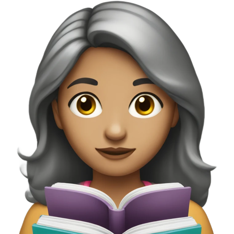 girl reading book, black eyes, Hispanic, grayish hair, wearing classes  emoji