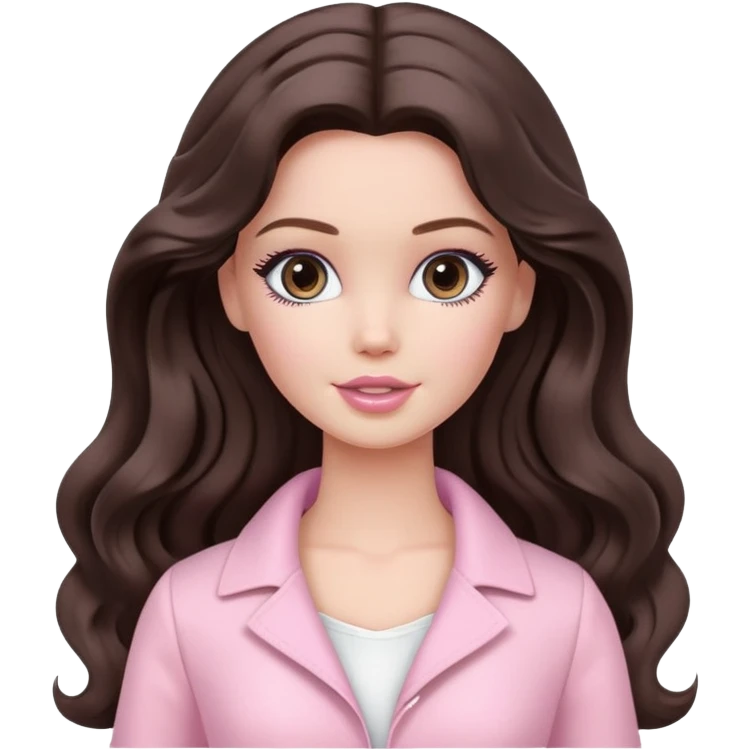 A white Barbie girl with long dark brown wavy hair in pale pink clothes has loving look emoji
