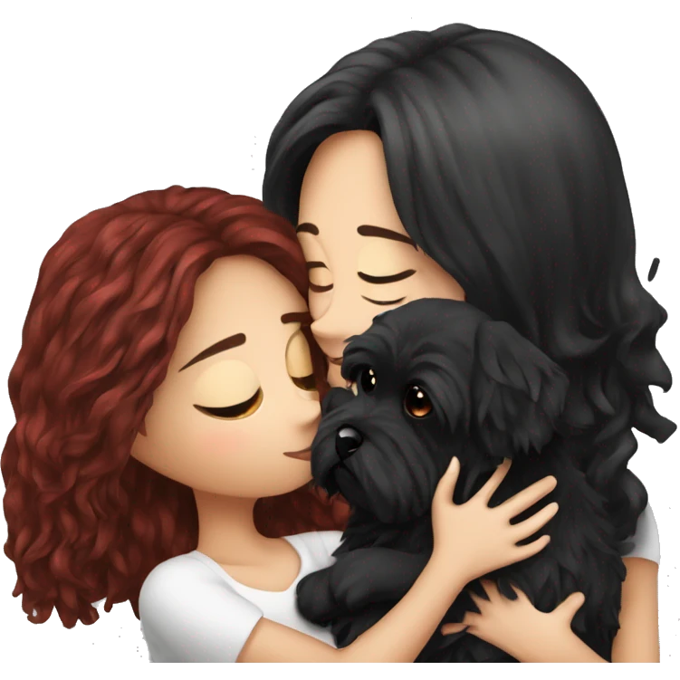 Dark-red-haired girl kiss her Black-Maltese-Black-dog emoji