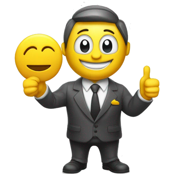  A ISOMETRIC VECTOR 3D cartoon character with a yellow body is holding a house-shaped sign that reads 'FUCCI' . The character is wearing a  suit, white shirt, and tie,  The character has an smiling emoji face and is giving a thumbs-up with their right arm emoji