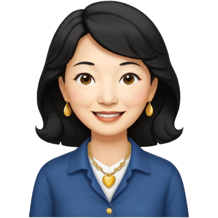 60 yr old asian woman, wavy thick black hair past shoulder length, side part, side swept bang, big smile, collared shirt emoji