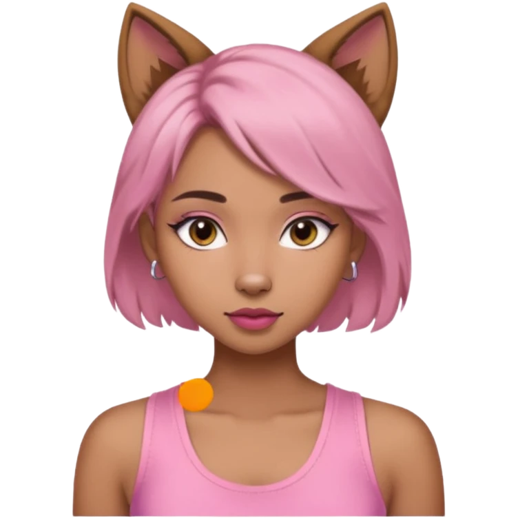 chica morena clara, corte de cabello wolf cut medio, con una blusa de tirantes simple, rosa y coquette emoji