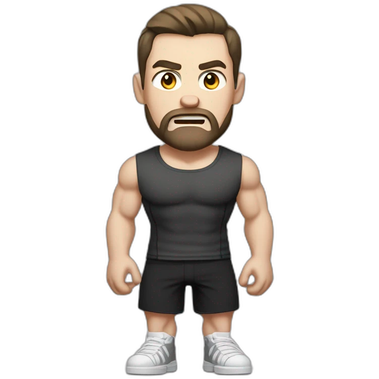 Angry Pale skinned Fit Man With the biceps and dark brown hair in black shirt, gray sports shorts and white Sneakers emoji