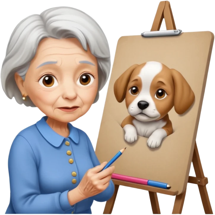 An elderly woman sketching, art board,nice picture, puppy face. emoji