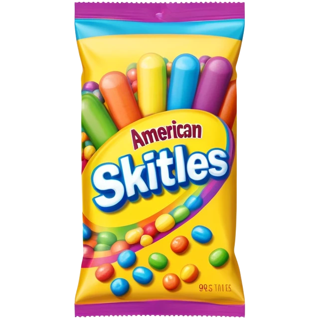 A 90s American Skittles candy package with bold colors, retro design elements, original 90s packaging with bright rainbow colors emoji