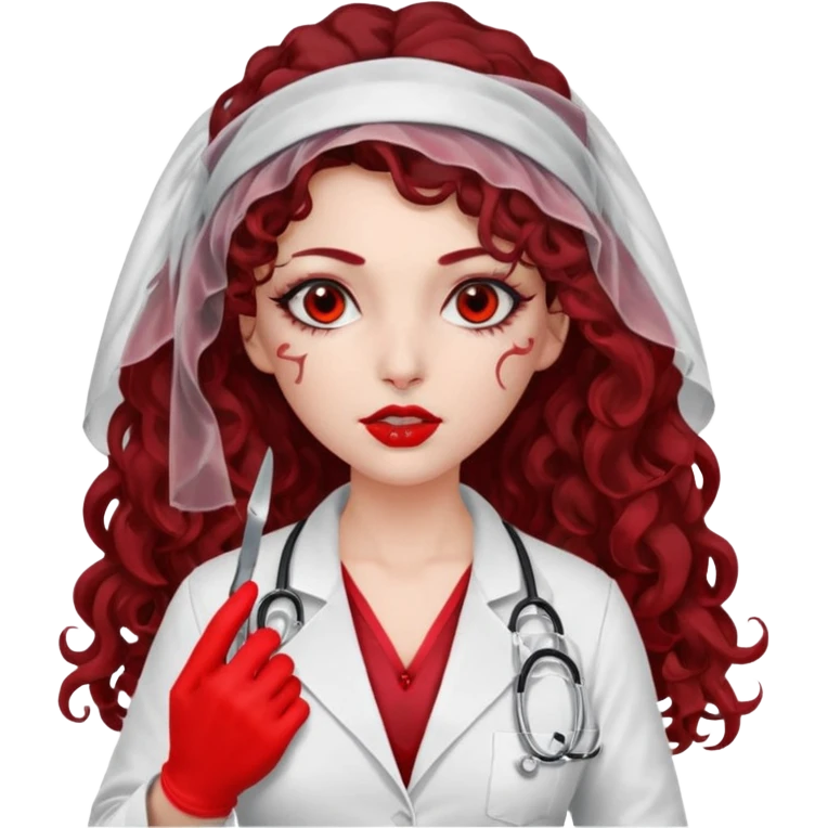 Lilith scalpel in hand, evil surgeon outfit.  She has red eyes. She has dark brown curly hair. Hair is long . Wears sexy doctor outfit with red gloves. Covers nose, neck and mouth with Muslims  emoji