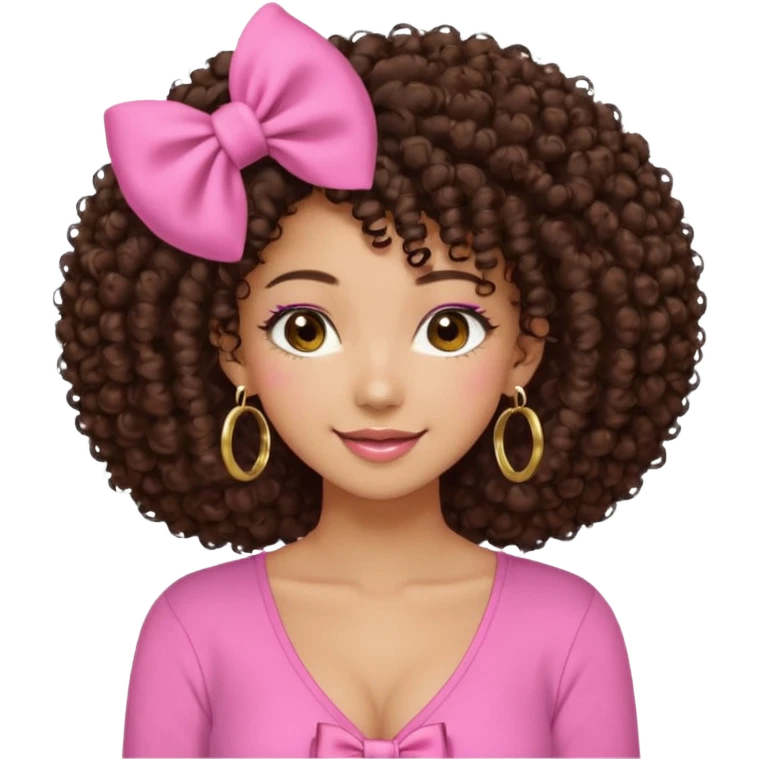 Naturally tan skin girl short darkBrown curly afropink shirt very long lashes hoop gold earrings Brown eyes gyaru smiling closed mouth cute bow hairclip small on the side. V neck pink shirt emoji