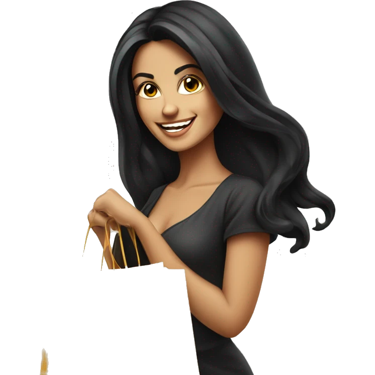 Tanned beautiful italian woman with long black hair smiling and holding bags shopping, glamorous realism emoji