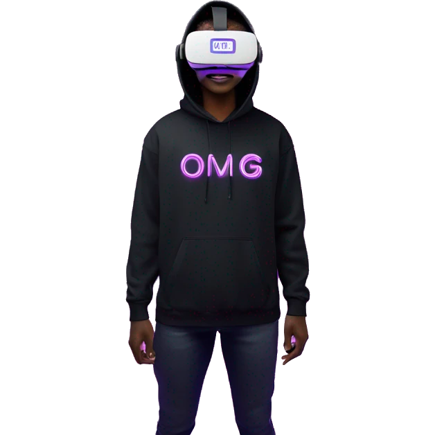 Ilon Mask wearing a black hoodie with "OMG" letters on it and VR headset oculus quest 2 in a cyberpunk VR environment with violet neon lighting. emoji