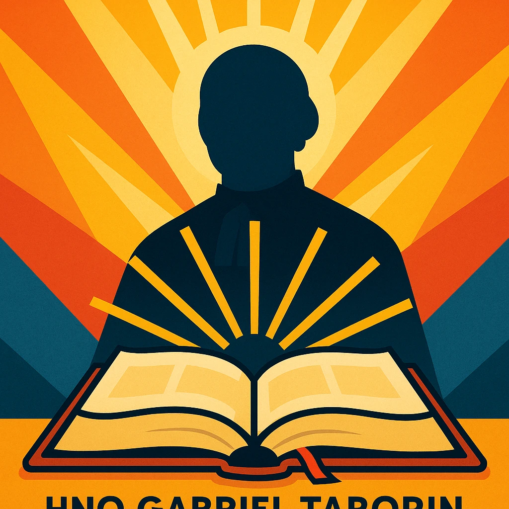 open Bible with rays of light and a silhouette of Hno. Gabriel Taborin, inspirational and modern, Christian vocational animation emoji