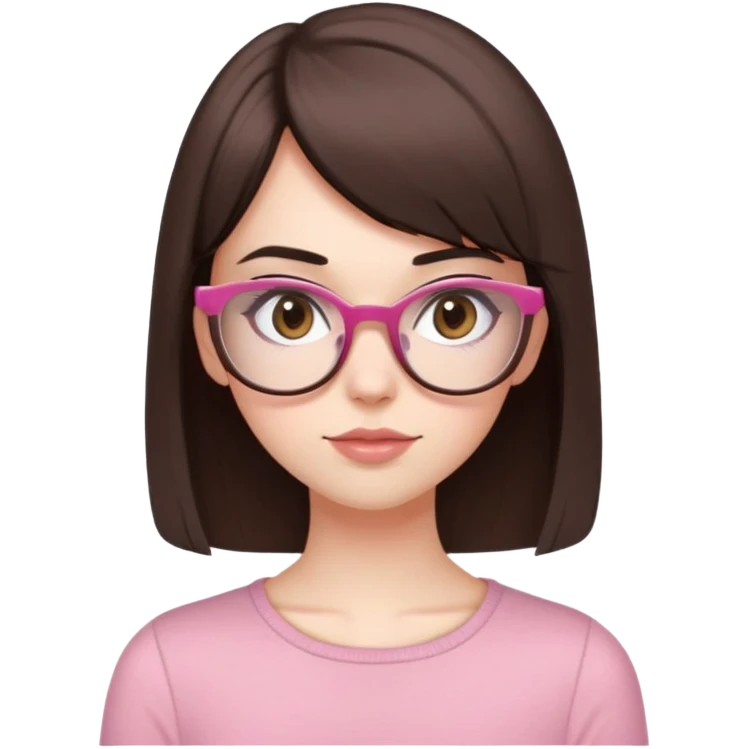really pale white girl with straight short dark brown hair with side bangs, brown eyes, wears brown glasses that are slightly rounded and a really cute coquette style pink and brown top emoji