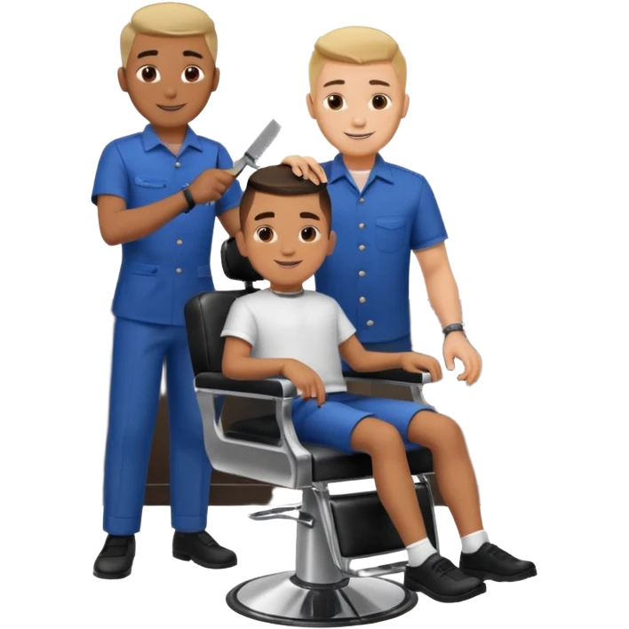 Barber cutting boys hair. Show the boy sat in black barber chair and both having smiles on their faces emoji