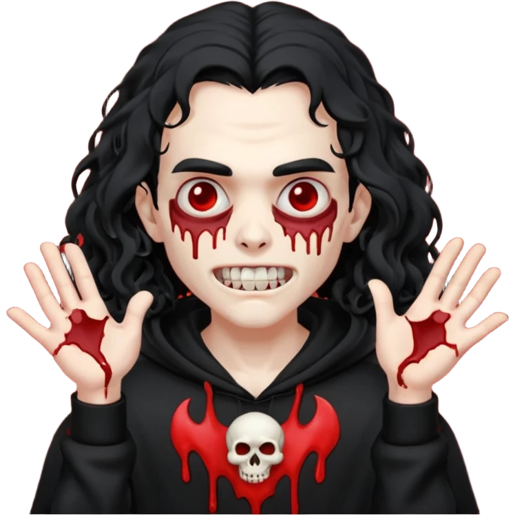 Vampire wearing a black hoodie with a skull logo on it, long curly hair that covers the forehead, fanged teeth and blood on hands emoji