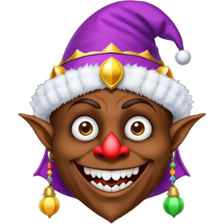 Dark brown skin medieval jester with white eyes and fangs emoji
