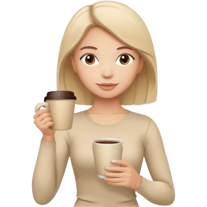 Girl in beige Pilates style holding coffee in her hands emoji