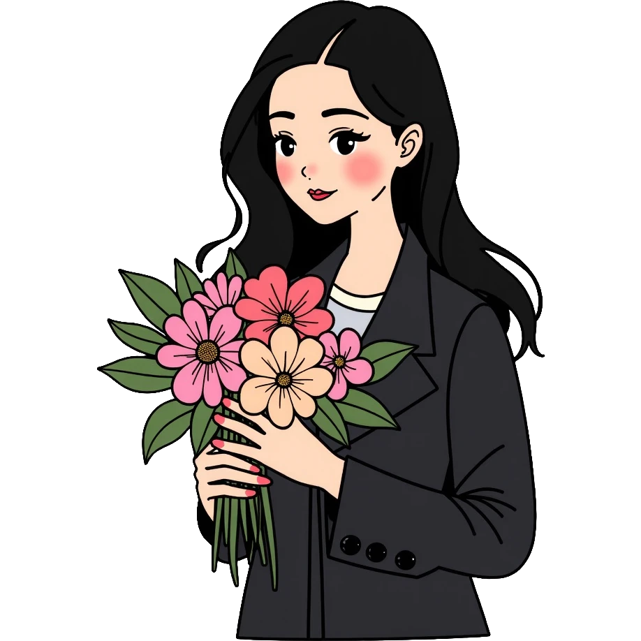 beautiful girl with long black hair wearing a black coat holding a bouquet of flowers emoji