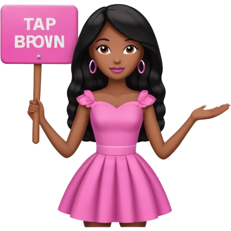 Black barbie, long black  hair, pink dress holding sign, that says tap emoji