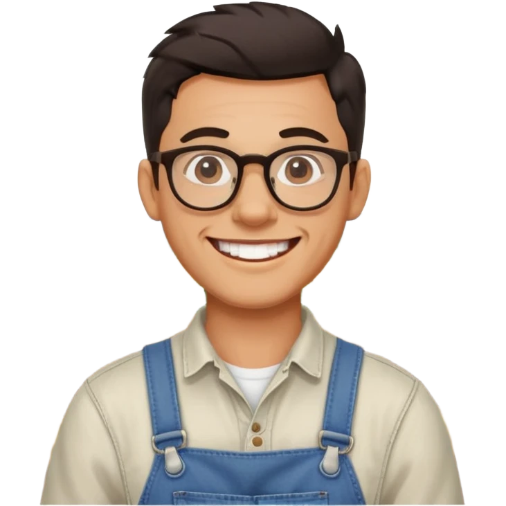smiling dark-haired man with glasses, big teeth, standard male haircut, rural farmer emoji