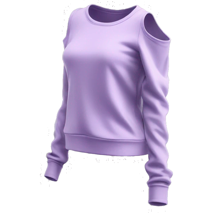 Hyper Realistic isolated side view of a light purple cold shoulder fashion sweat shirt top. emoji