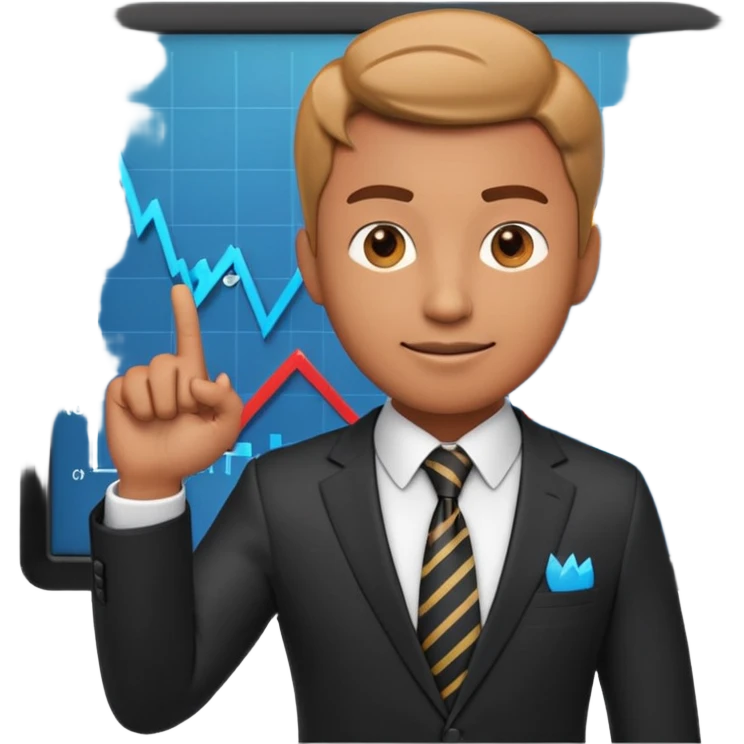 A stylized 3D emoji icon of a male financial analyst in a sharp formal suit and tie. He has a confident, speaking expression and is pointing his finger back towards a large digital screen behind him. The screen is glowing with complex financial line graphs, upward arrow trends. emoji