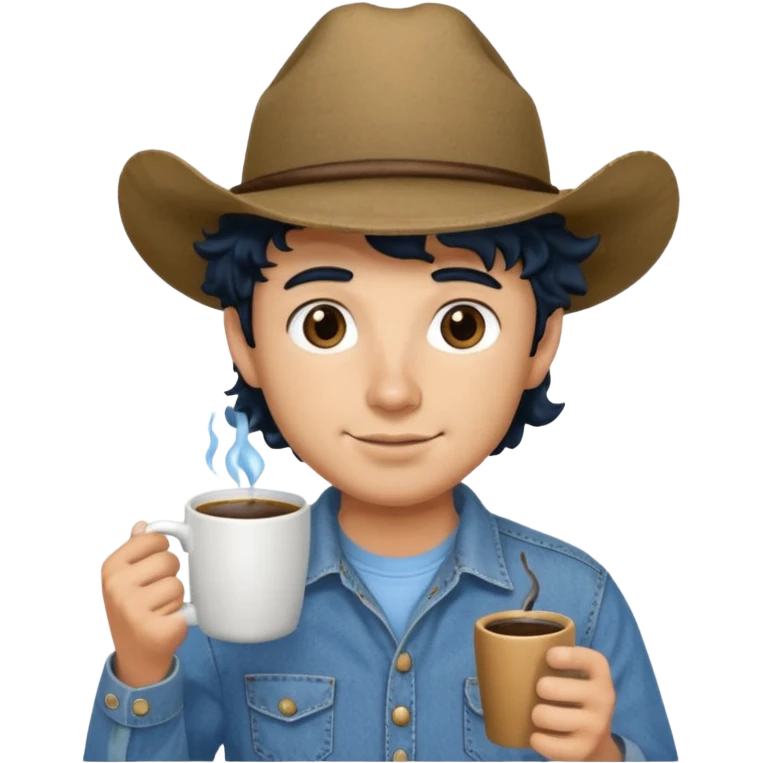 Ranch hand with blue hat and coffee mug, curly black hair emoji