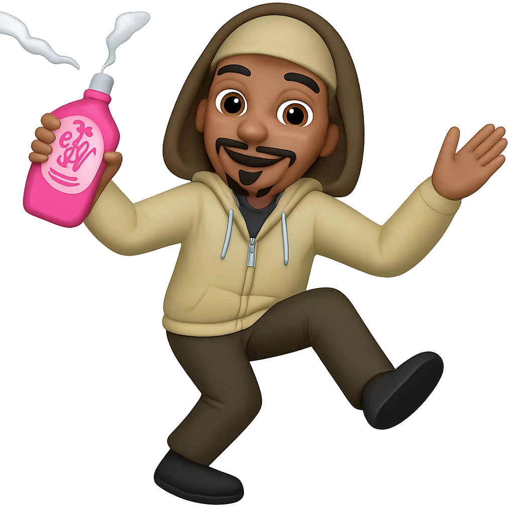 Change the baby oil bottle to pink, Snoop Dogg dancing holding it, in emoji style with no background. emoji