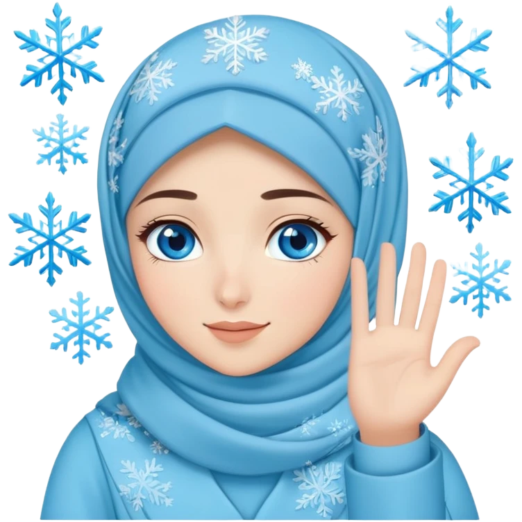 Turkish beautiful finish Konya girl blue eyes with light blue winter design hijab islamic dress and had on her hand snowflakes and she wave one's hand emoji