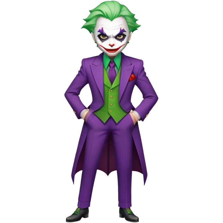 The Joker villain character full body with green hair, purple suit, white face, red lips emoji