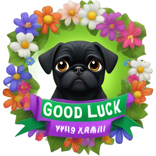 Black pug , surrounded by flowers, holding a green sign that says “good luck”  emoji
