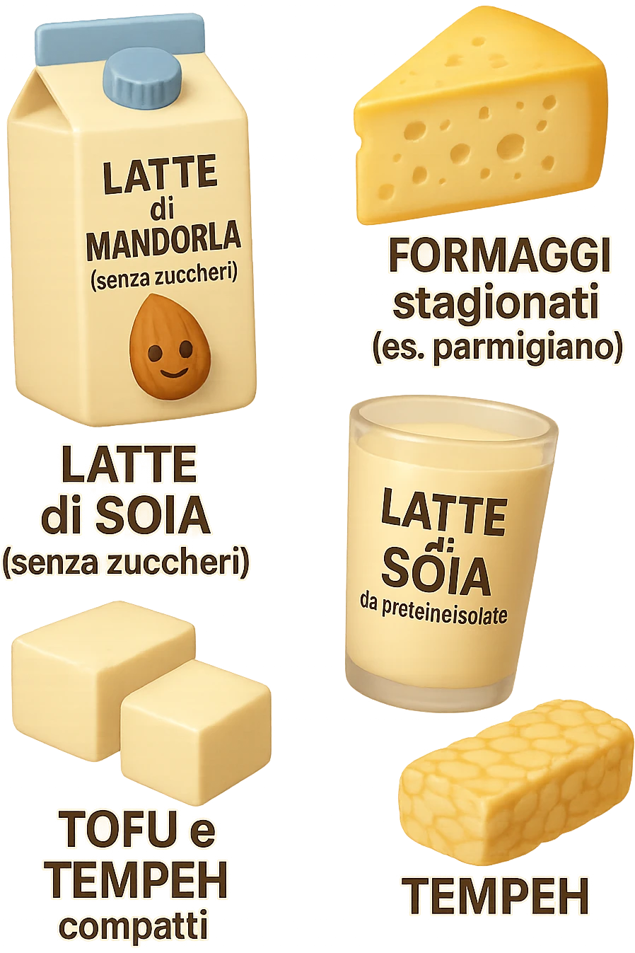 emoji stile iphone 3d di Latte e yogurt delattosati in italiano
Latte di mandorla (non zuccherato)
Latte di soia da proteine isolate
Formaggi stagionati (es. parmigiano)
Tofu compatto e tempeh
 che fluttuano in aria, iperealistico 4k emoji