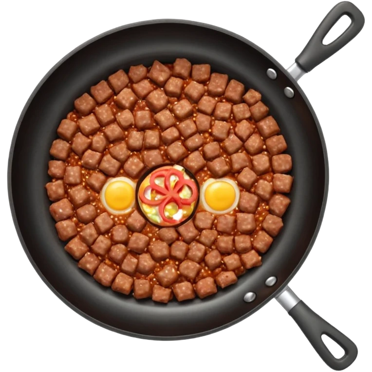 A 3D cartoon frying pan with minced meat being cooked, top view, realistic texture, Memoji-style. emoji